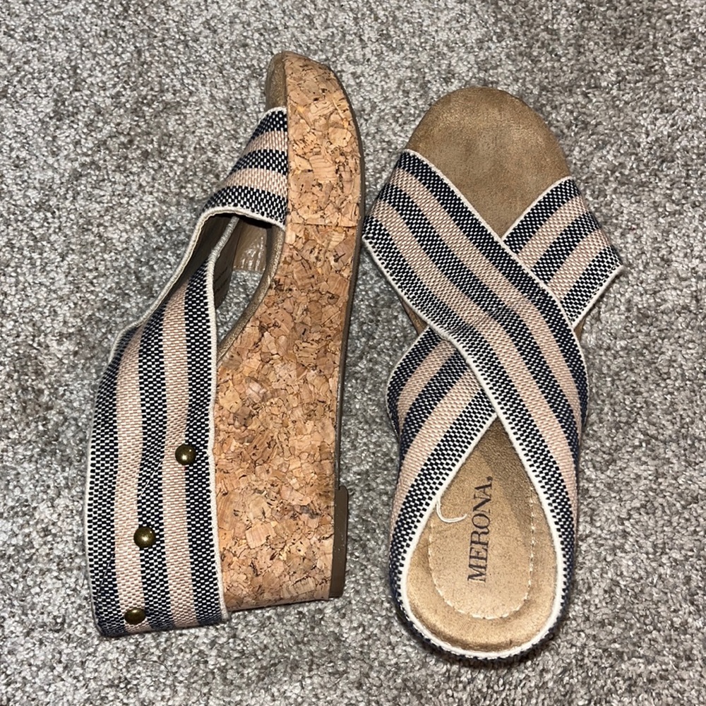 Merona Sandals Womens 8 Slides Wedge Blue Striped Crisscross Casual Open Toe